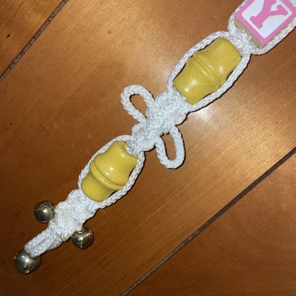 Vintage handmade macrame decoration hanging‎ wooden baby blocks bells yellow